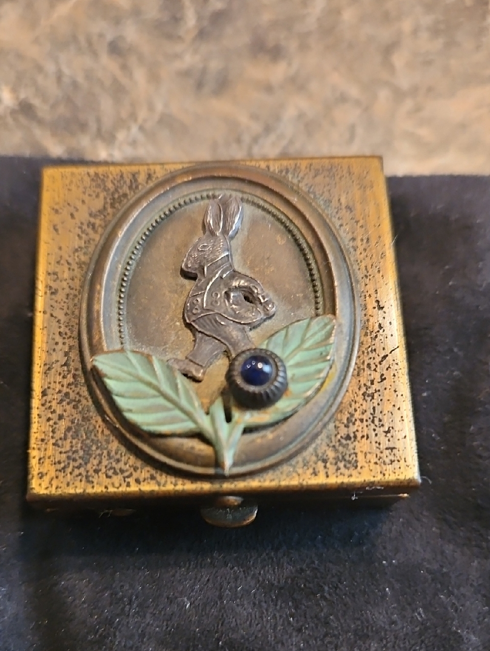 Antique Brass Rabbit Pill Box with Green Leaf Accent